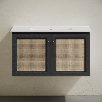 Classe 36" Wall-Mounted Bathroom Vanity in Black Oak with Single Faucet Hole Vanity Top