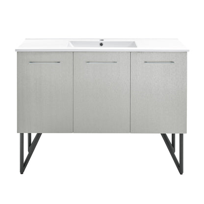 48-inch freestanding bathroom vanity in gray with single sink and soft-close doors.