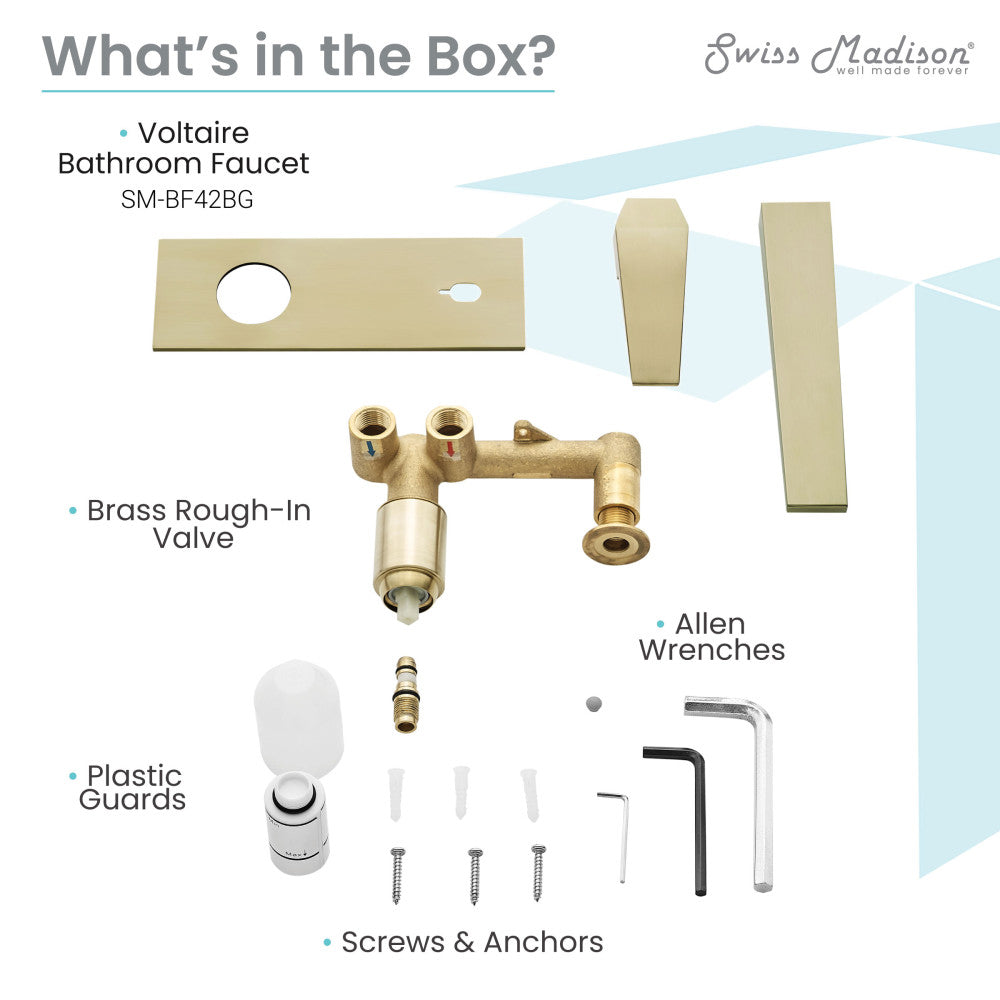 Voltaire single-handle wall-mount bathroom faucet in brushed gold with rectangular spout and lever handle.