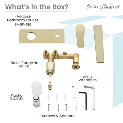Voltaire single-handle wall-mount bathroom faucet in brushed gold with rectangular spout and lever handle.