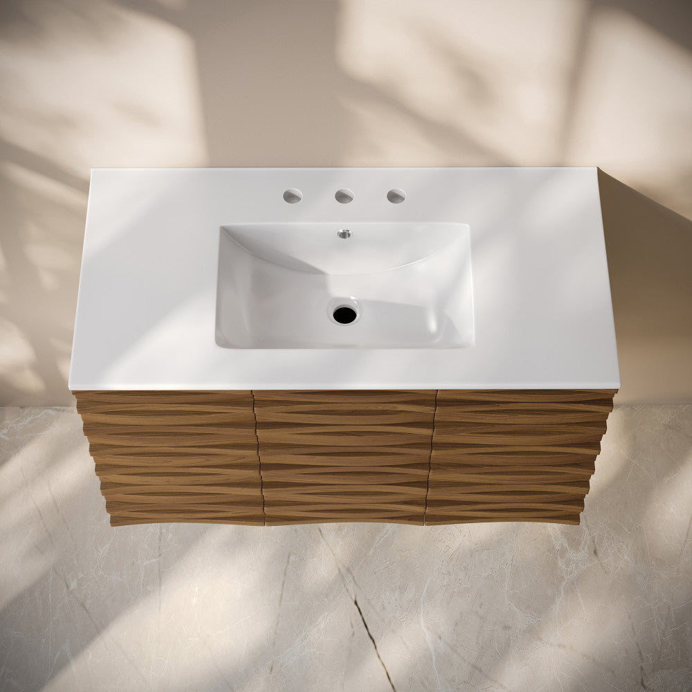 Cascade 36" Wall-Mounted Bathroom Vanity in Brown Oak with 3-Hole Widespread Sink Top