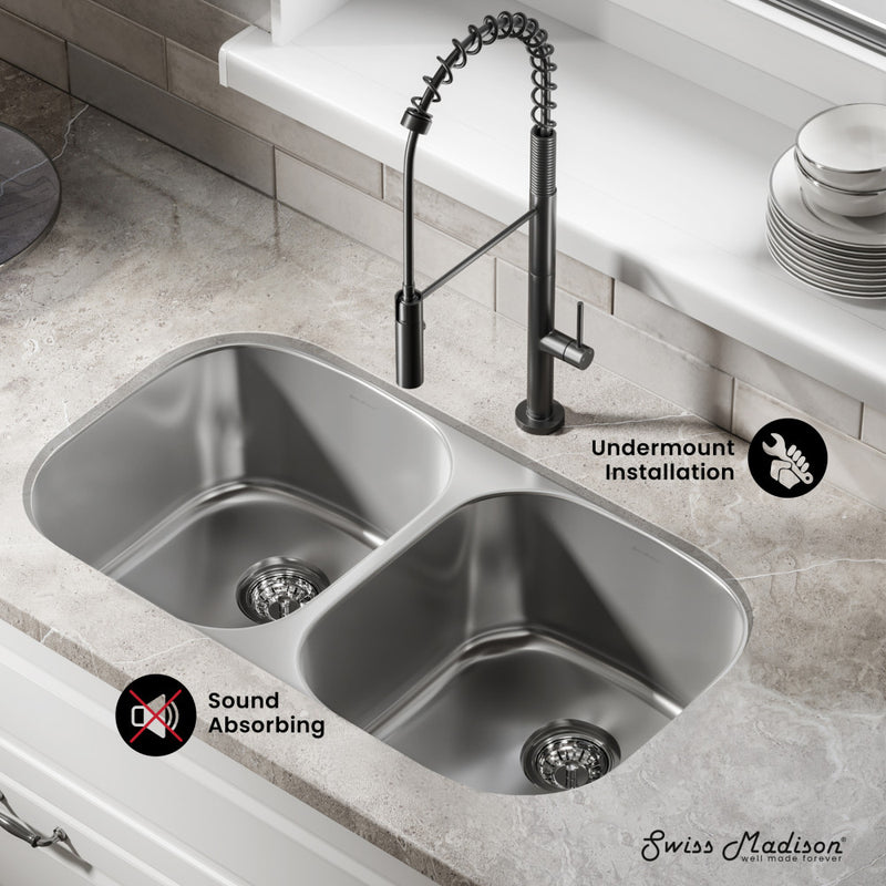 Toulouse 32 x 18 Stainless Steel, Dual Basin, Under-Mount Kitchen Sink