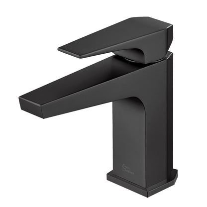Single-handle bathroom faucet in matte black, sleek angular design with flat lever handle and square base.