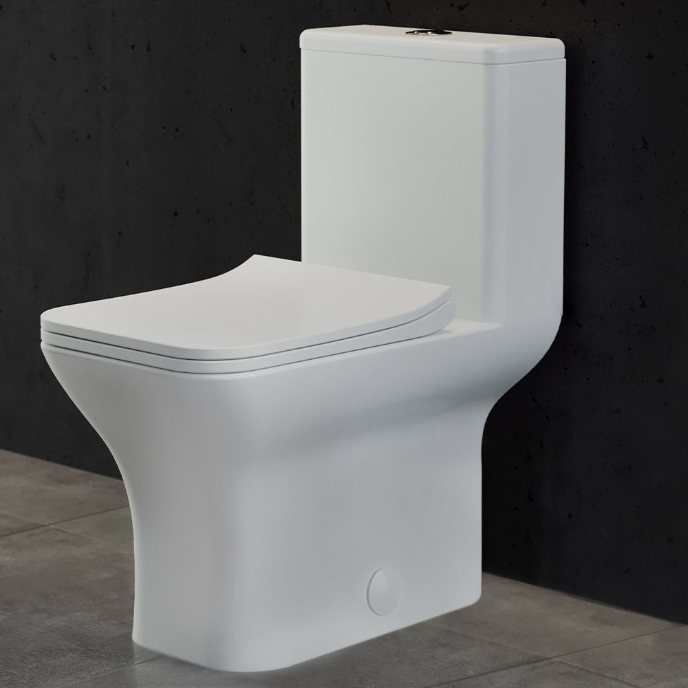 One-piece square dual-flush toilet with compact design and soft-close seat in white.