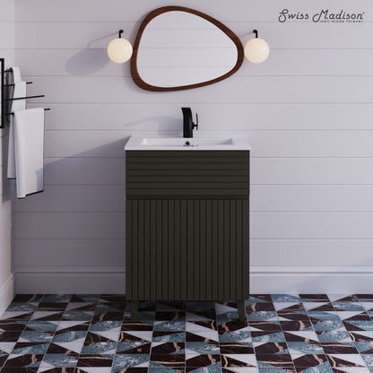 24-inch freestanding bathroom vanity in cedar gray with single sink and fluted door design.
