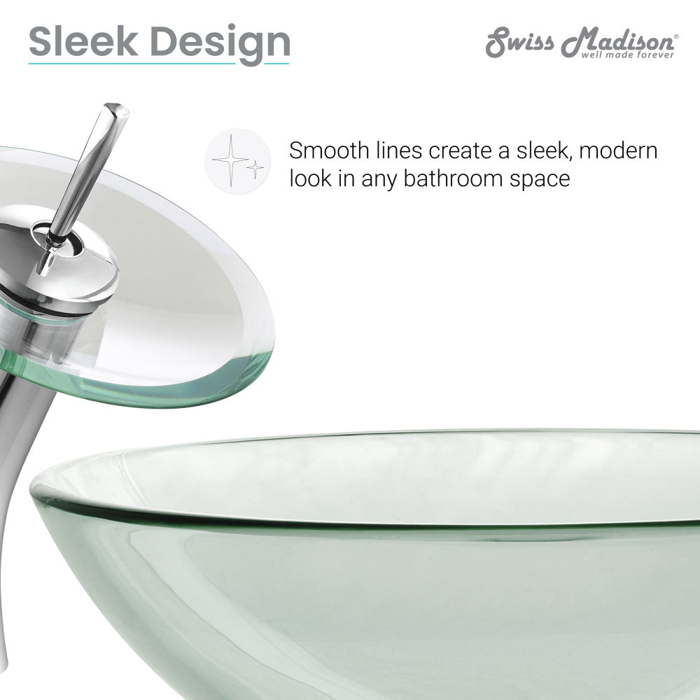 Clear glass vessel sink 16.5 inch with modern single-handle faucet, sleek curved design.