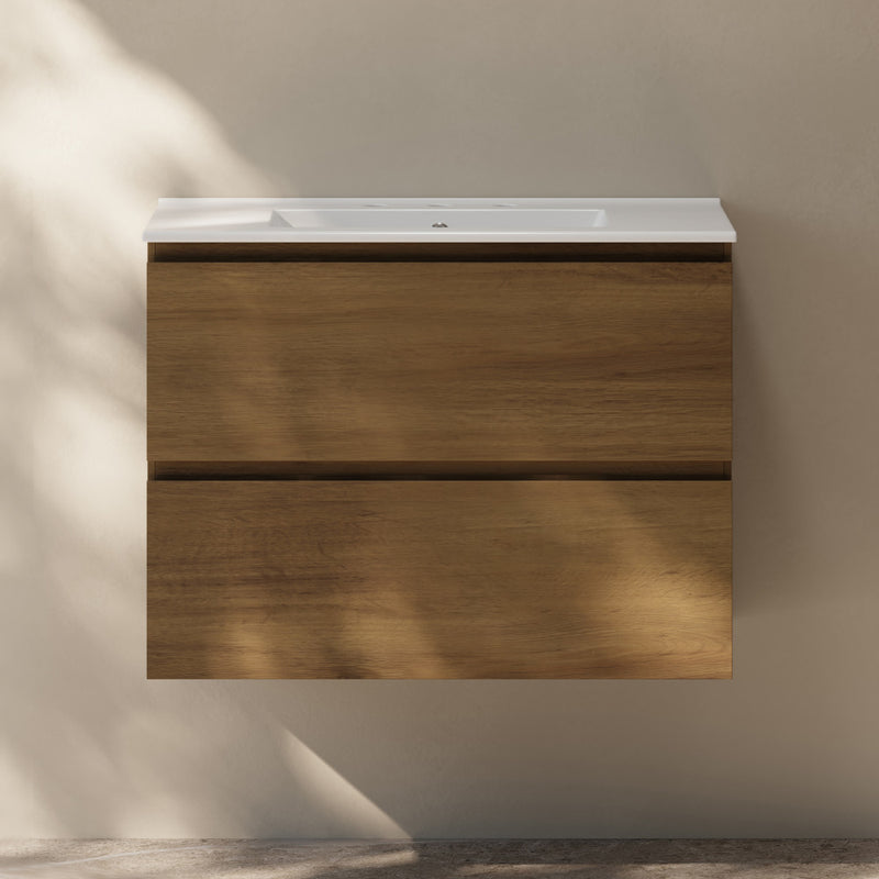 Liberte 30" Wall-Mounted Bathroom Vanity in Brown Oak with 3-Hole Widespread Sink Top