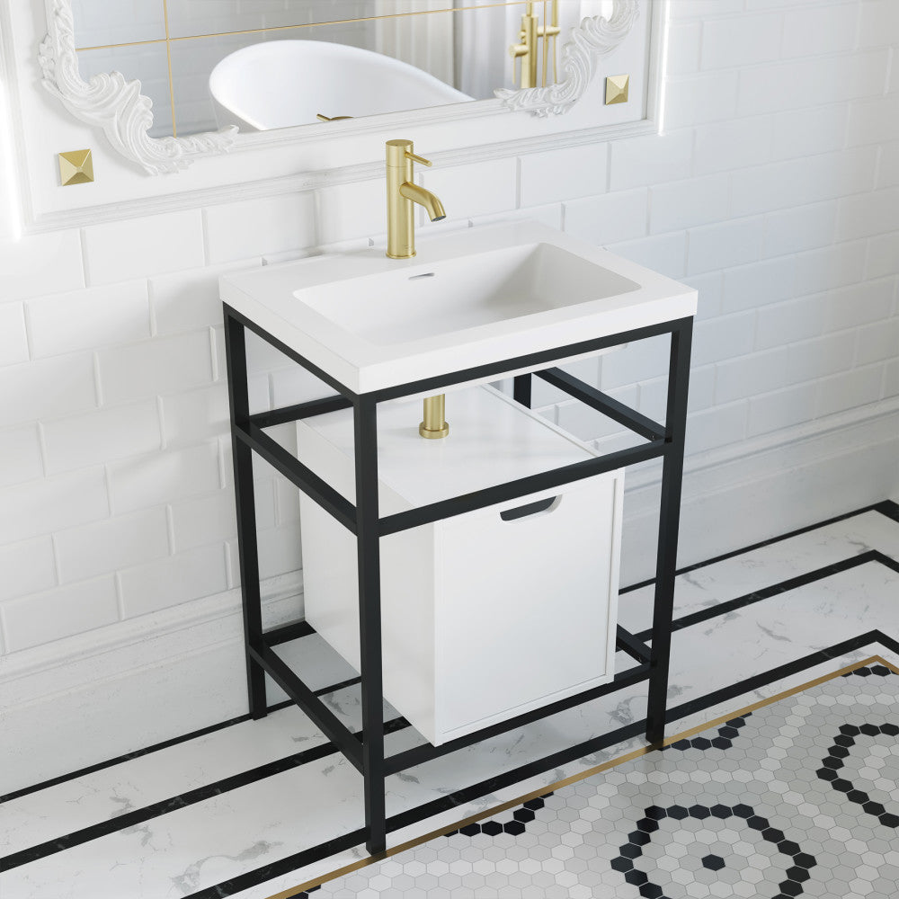 24-inch freestanding bathroom vanity in black with white sink top and open metal frame design.