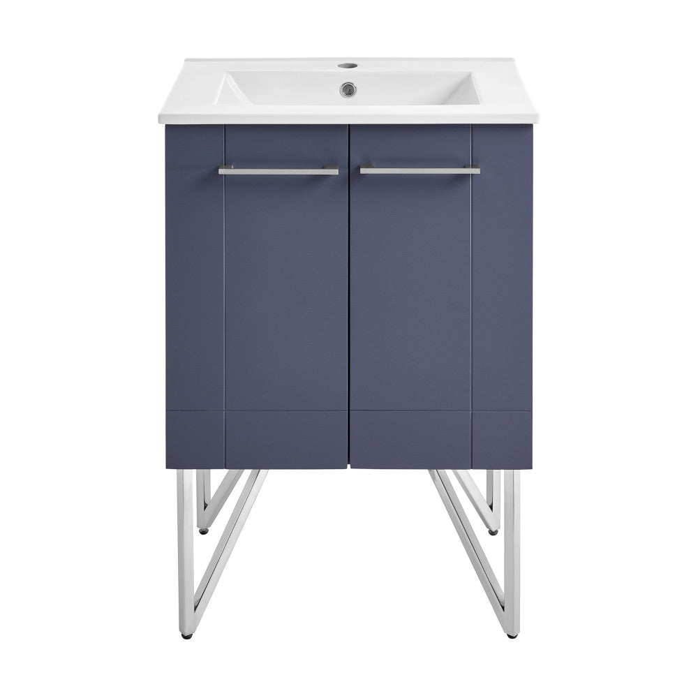 24-inch freestanding purple bathroom vanity with single sink and chrome legs.