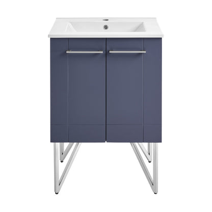 24-inch freestanding purple bathroom vanity with single sink and chrome legs.