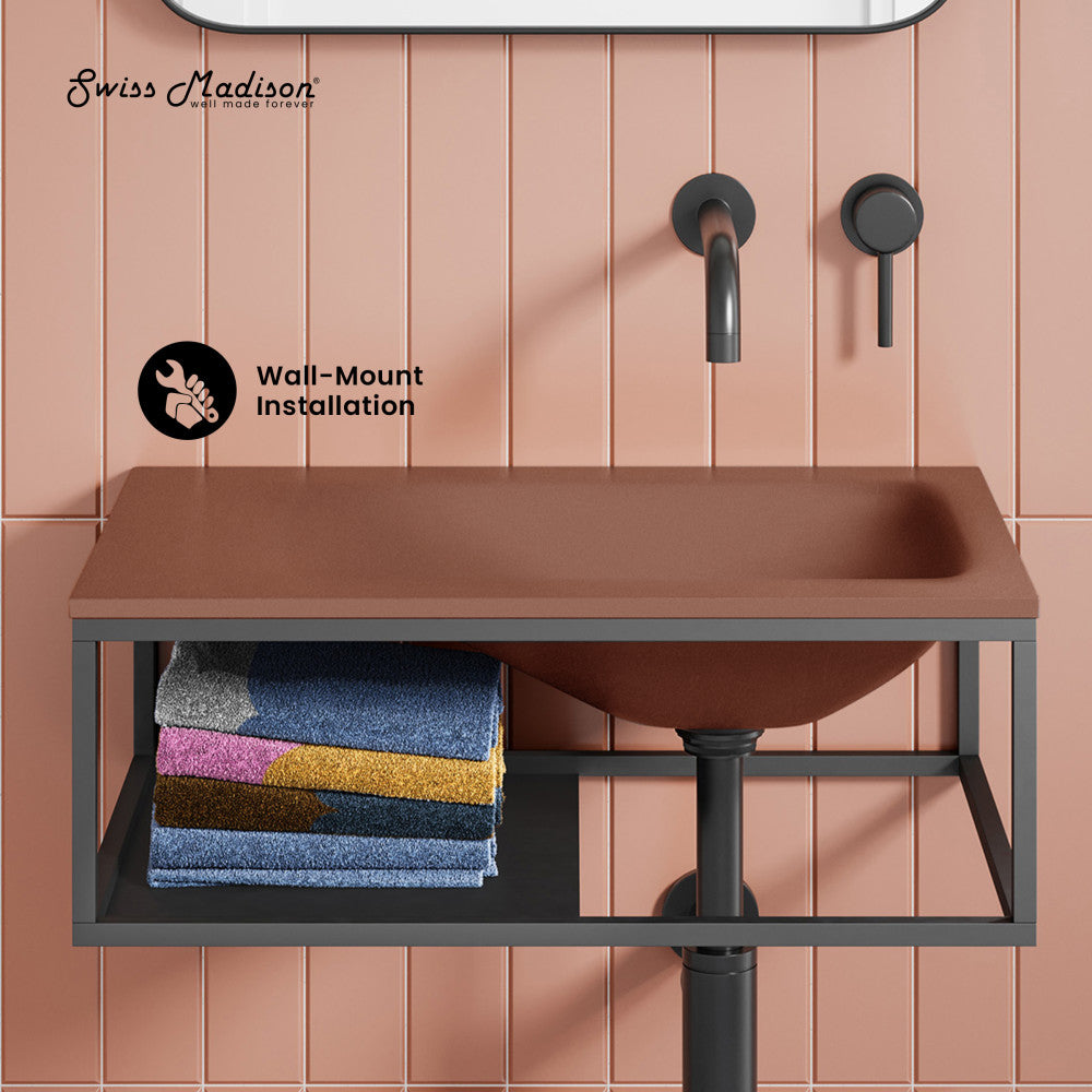 Lisse 24" Rectangle Concrete Wall-Mount Bathroom Sink in Terracotta with Matte Black Frame
