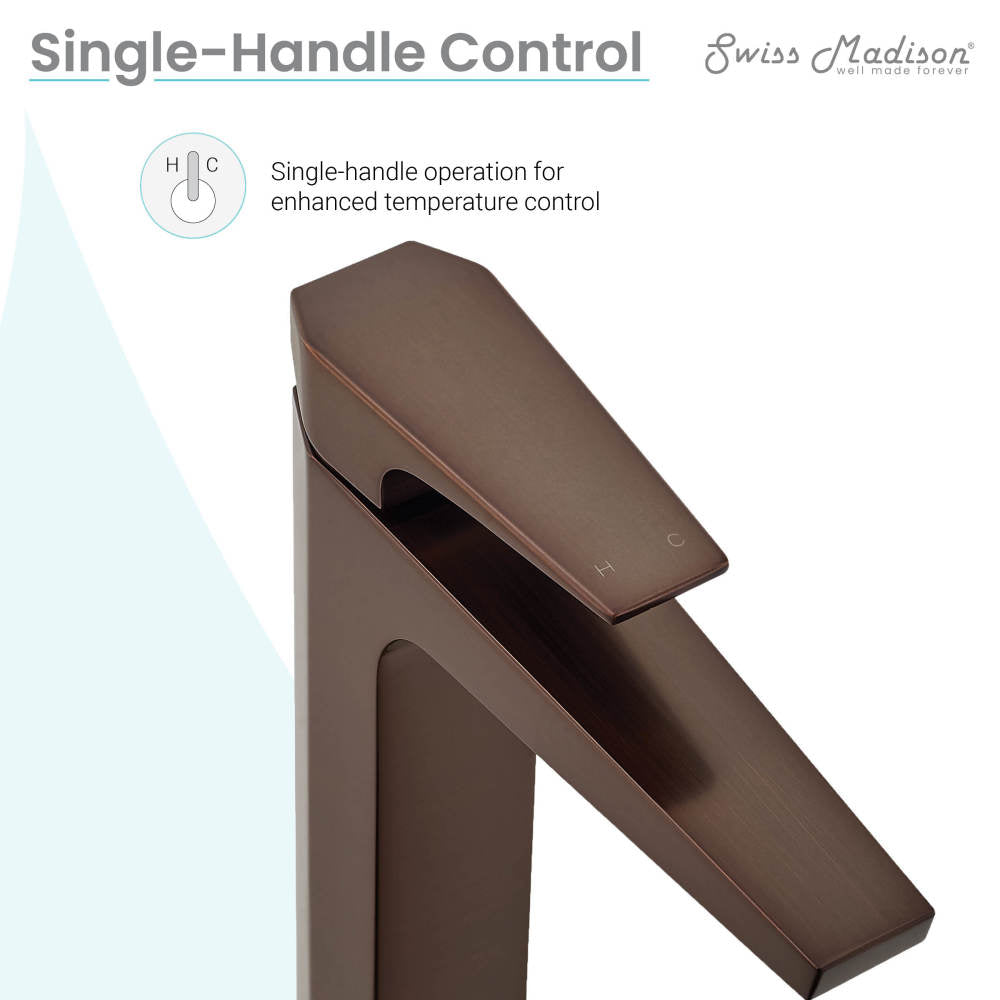Single-handle high arc bathroom faucet in oil-rubbed bronze with sleek angular design.