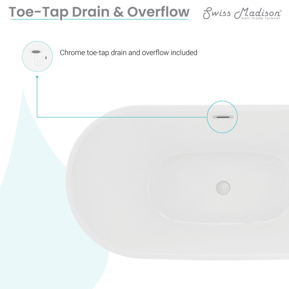 60" white freestanding double slipper bathtub with center drain and chrome toe-tap drain overflow.