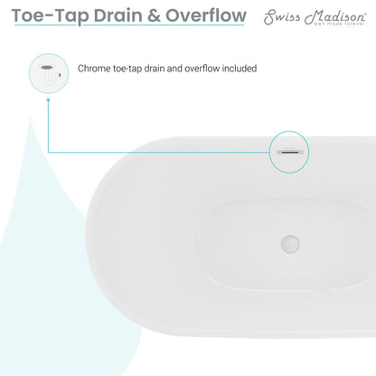 60" white freestanding double slipper bathtub with center drain and chrome toe-tap drain overflow.