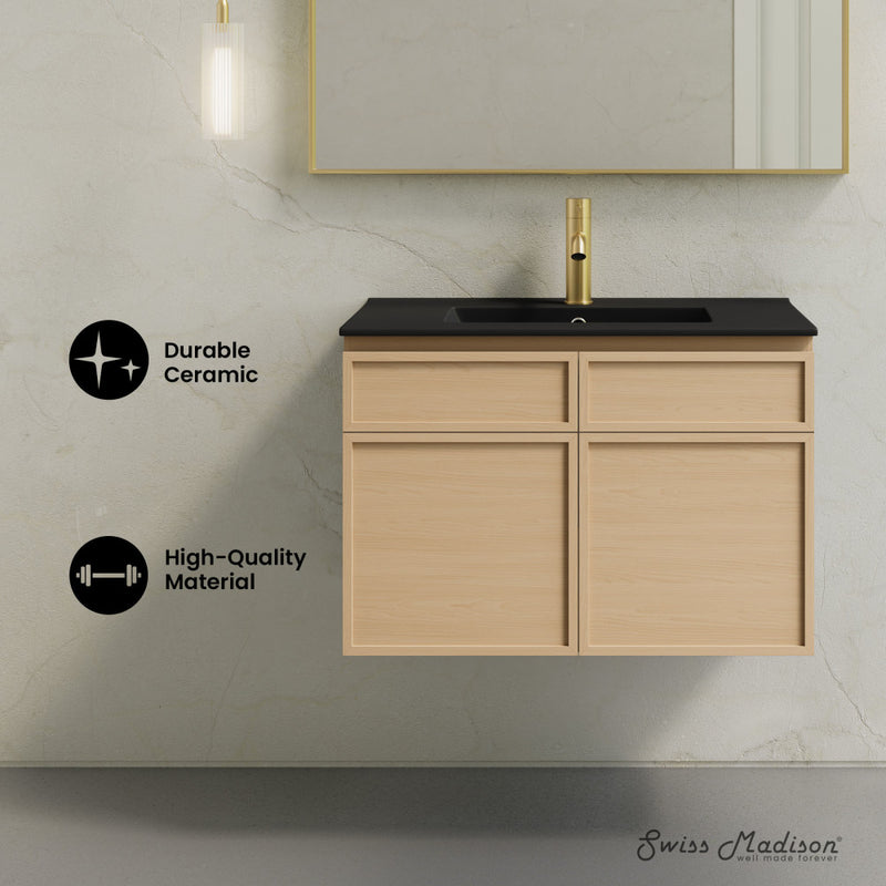 St. Tropez 30" Wall-Mounted Bathroom Vanity in Natural Oak with Black Sink Top