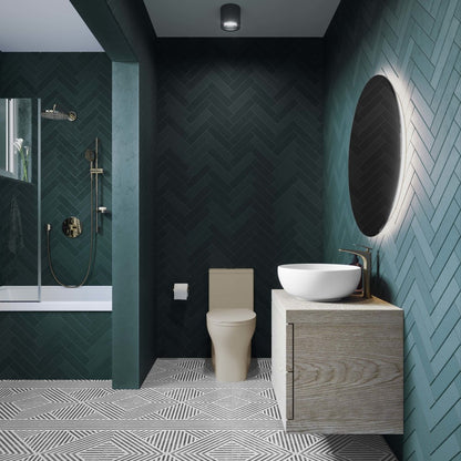 Round one-piece toilet in bisque with dual-flush, compact design, installed in modern bathroom setting.