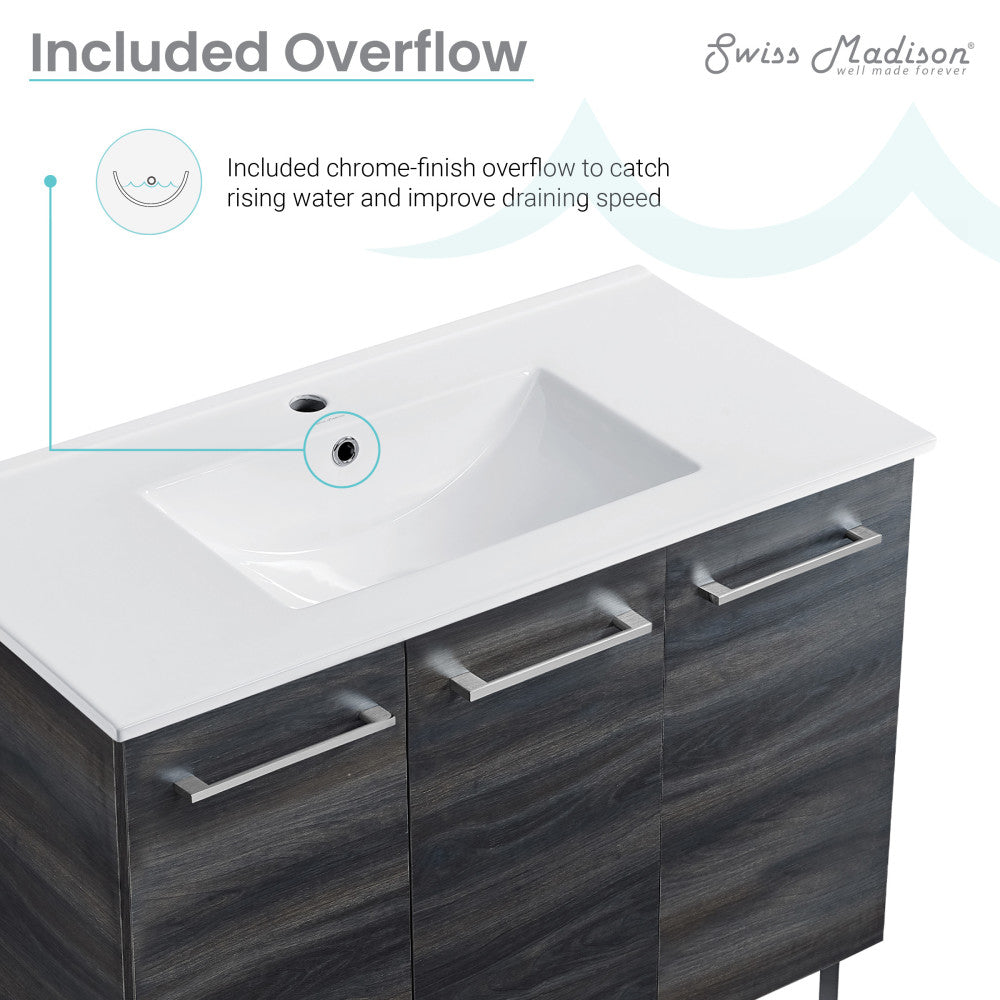 36-inch freestanding bathroom vanity in black walnut with sink top and chrome-finish overflow.