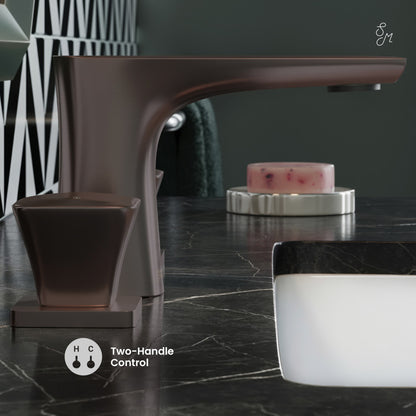 Widespread bathroom faucet in oil rubbed bronze, two-handle design with angular base and curved spout.