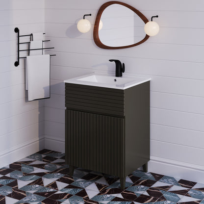 24-inch freestanding bathroom vanity in cedar gray, single sink, soft-close doors.