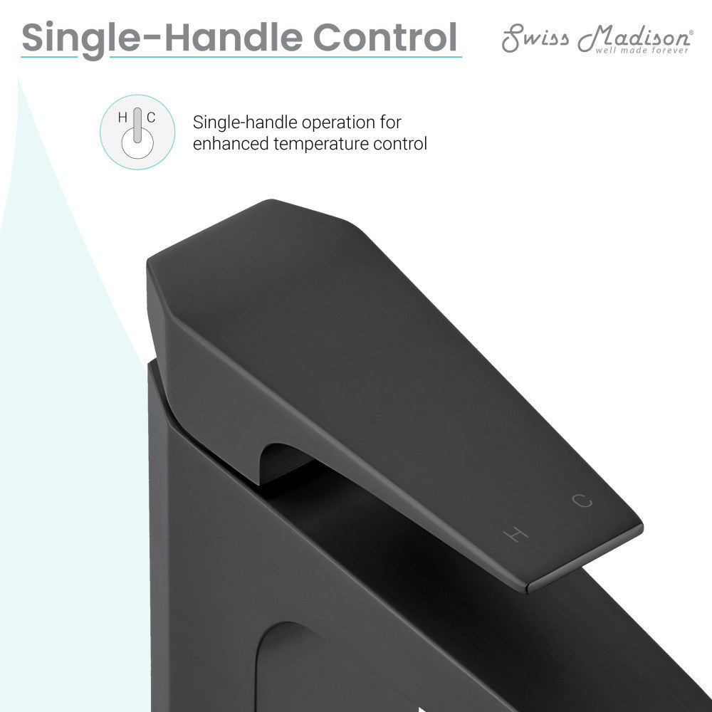 Single-handle bathroom faucet in matte black with flat top lever and angled spout design.