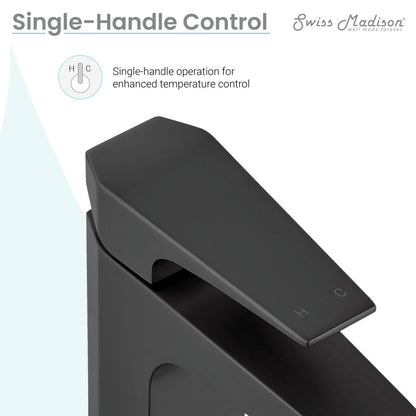 Single-handle bathroom faucet in matte black with flat top lever and angled spout design.