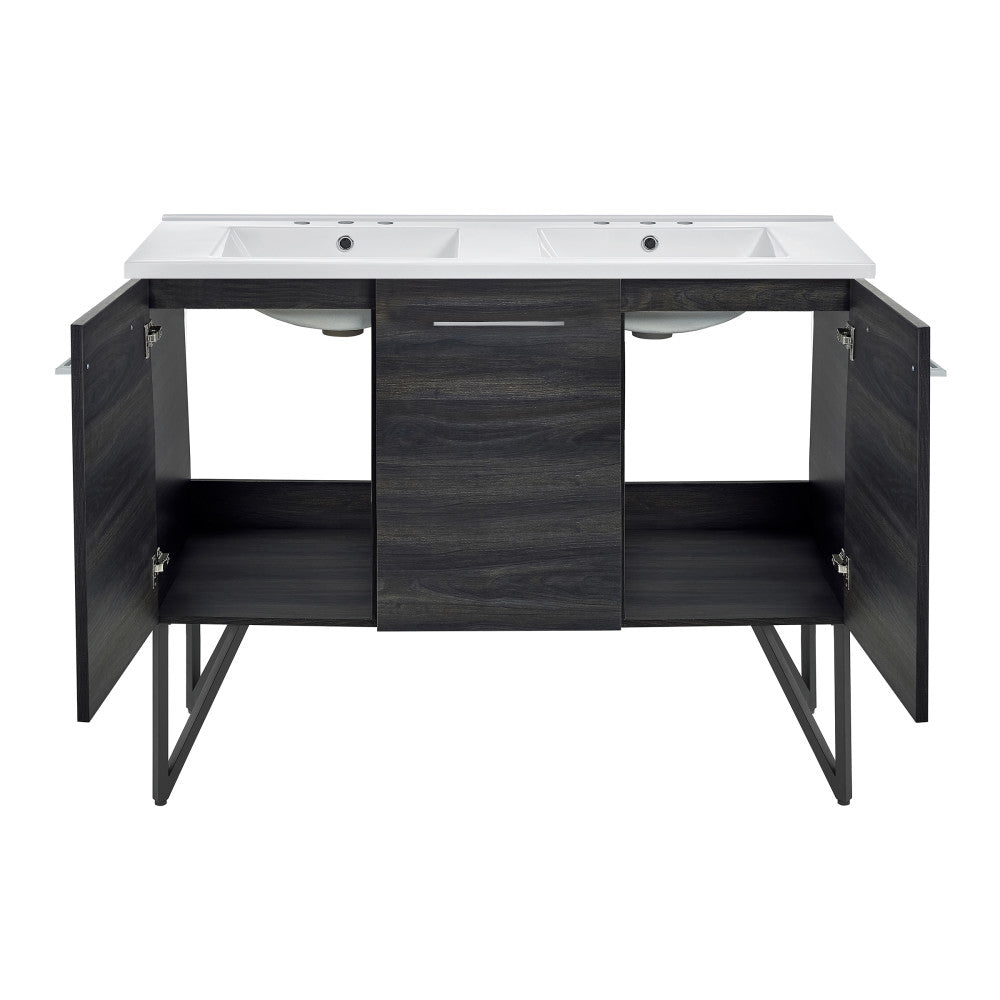 Annecy 48 in. Black Walnut, Double Basin Bathroom Vanity With White, 3-Hole Centerset Ceramic Sink Top