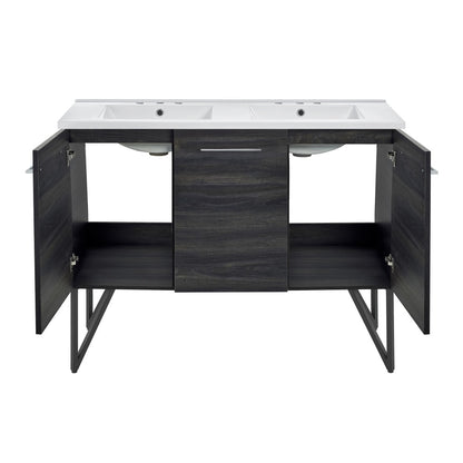 Annecy 48 in. Black Walnut, Double Basin Bathroom Vanity With White, 3-Hole Centerset Ceramic Sink Top
