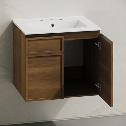 St. Tropez 24" Wall-Mounted Bathroom Vanity in Brown Oak with 3-Hole Widespread Sink Top