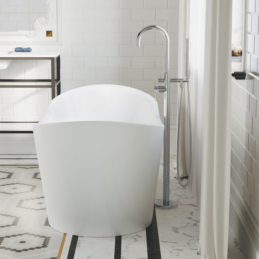 Freestanding bathtub faucet in chrome, single handle, modern curved spout.