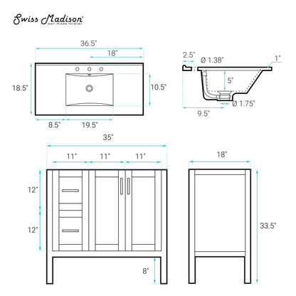Forme 36" Modular Freestanding Bathroom Vanity with 3-Hole Widespread Top in Brown Oak