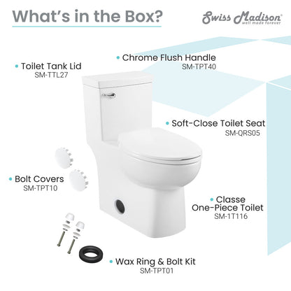 Elongated one-piece toilet with front flush handle and soft-close seat, 1.28 gpf.