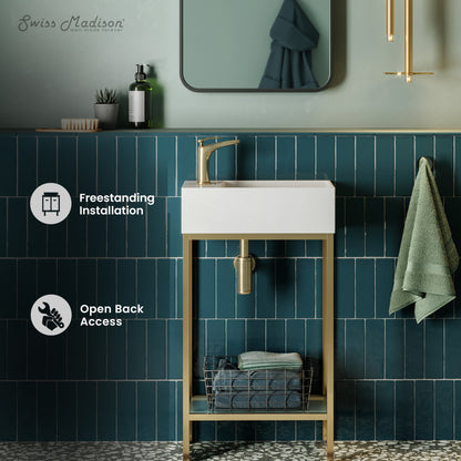 19.5-inch freestanding bathroom vanity with gold metal frame and open shelf, rectangular white sink.