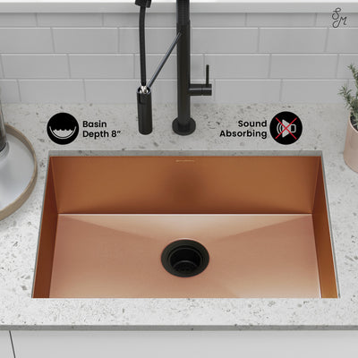 Tourner 26 x 18 Stainless Steel, Single Basin, Undermount Kitchen Sink, Rose Gold