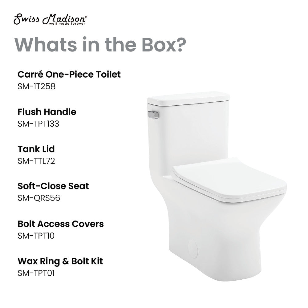 Elongated one-piece toilet with left side flush handle, compact design, white ceramic finish.