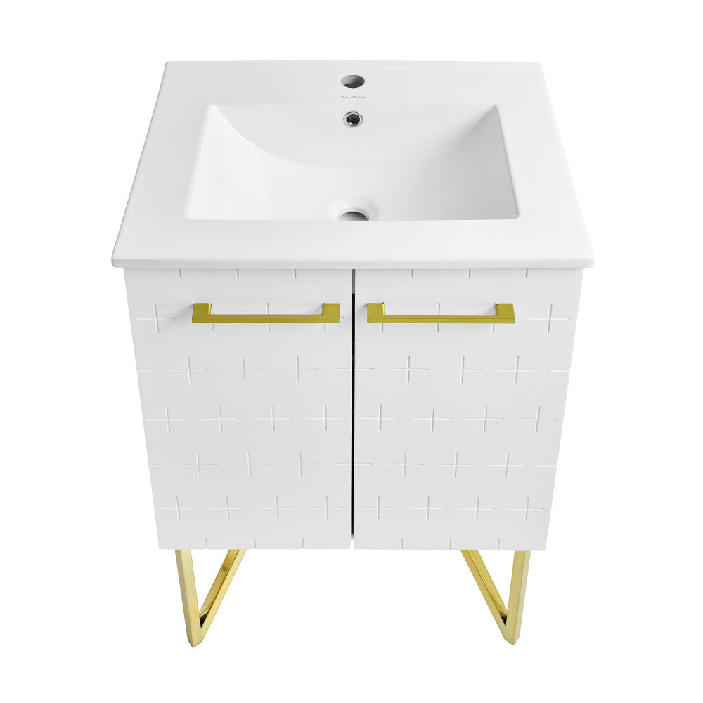24-inch freestanding white bathroom vanity with gold handles and angled metal legs, single sink top.