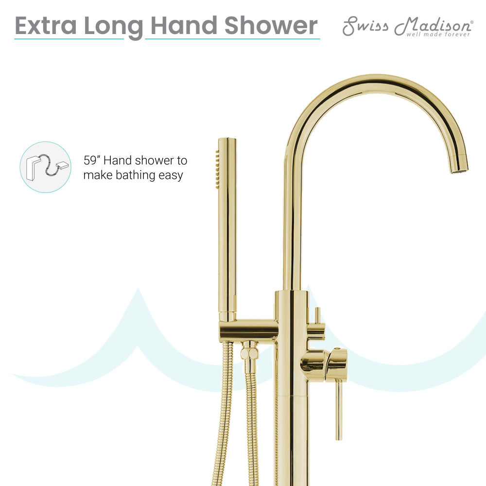Freestanding bathtub faucet in brushed gold, single handle, includes handheld showerhead.