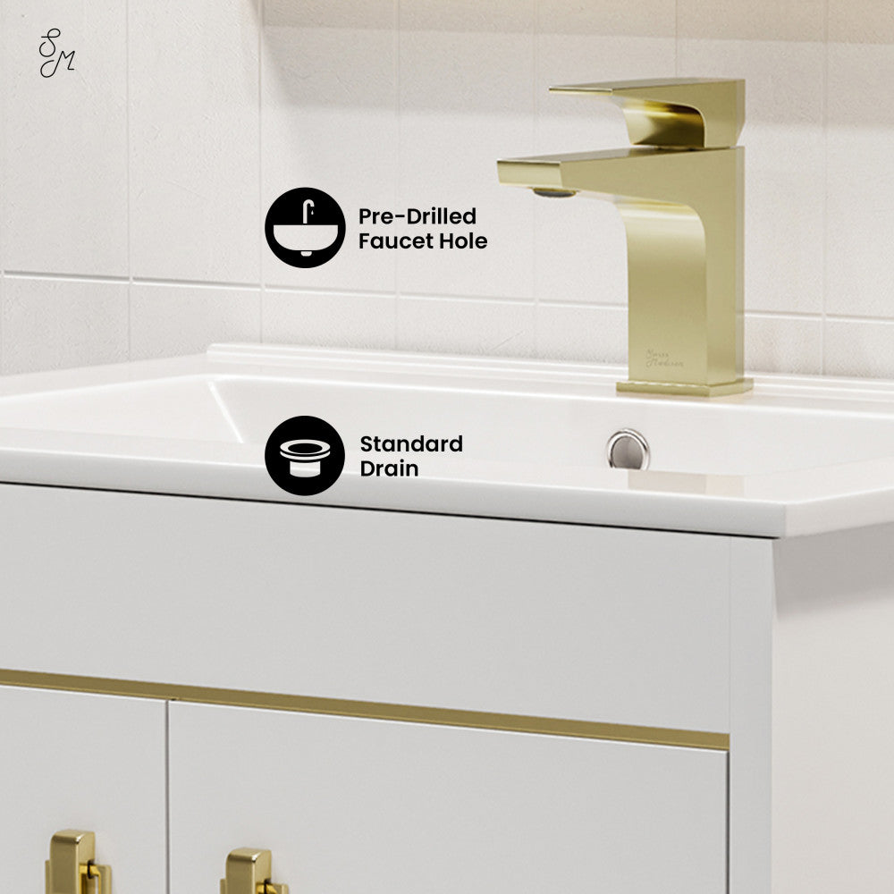 24-inch freestanding white bathroom vanity with sink top, gold faucet, and soft-close doors.