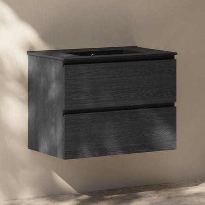 Liberte 30" Wall-Mounted Bathroom Vanity in Black Oak with Black 3-Hole Widespread Sink Top