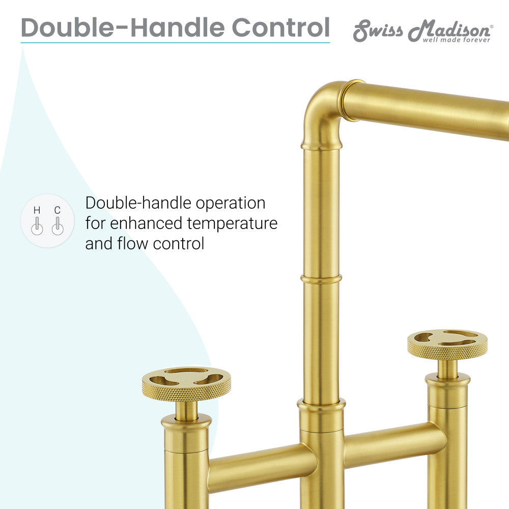 Widespread kitchen faucet in brushed gold with double-handle control and matching side sprayer.
