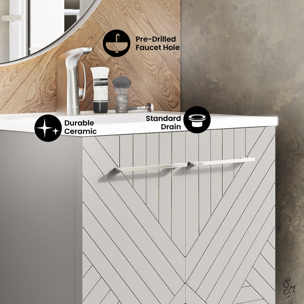 24-inch freestanding bathroom vanity in greige, single sink with durable ceramic top and soft-close drawer.
