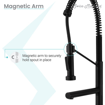 Pull-down kitchen faucet in matte black, single handle, with magnetic arm pot filler.