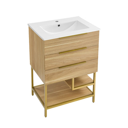 Carre 24" Freestanding Bathroom Vanity in Golden Oak with Sink Top