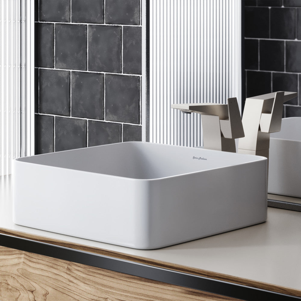 Square ceramic vessel sink in white with smooth matte finish and rounded edges.