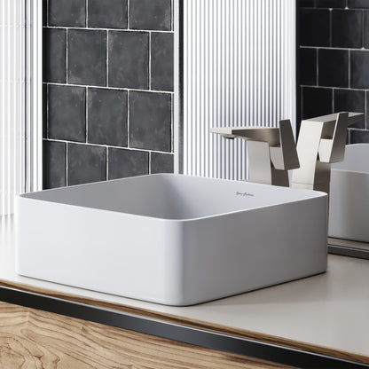Square ceramic vessel sink in white with smooth matte finish and rounded edges.