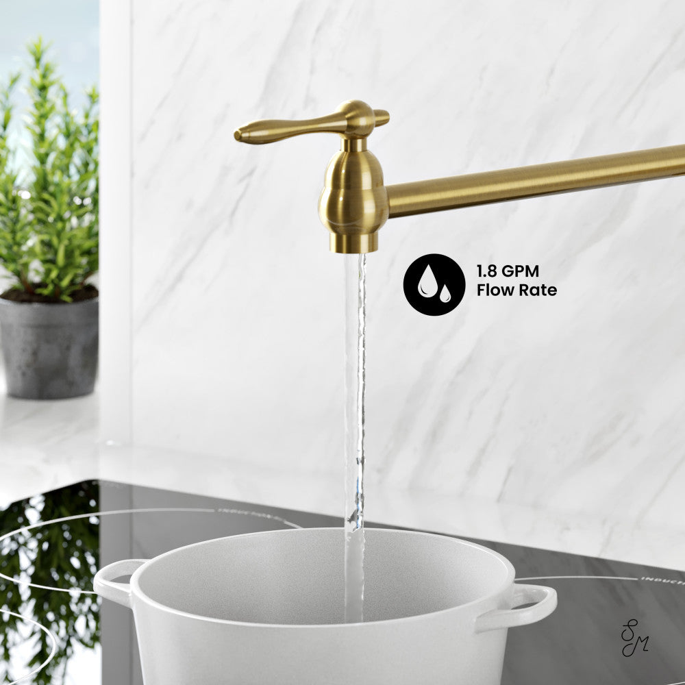 Plaisir Retractable Wall Mount Pot Filler Faucet in Brushed Gold