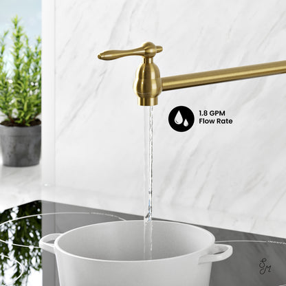 Plaisir Retractable Wall Mount Pot Filler Faucet in Brushed Gold
