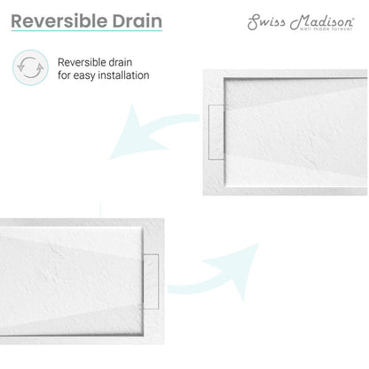60" x 32" rectangular shower base in white with reversible drain, textured surface, and slight marble pattern.