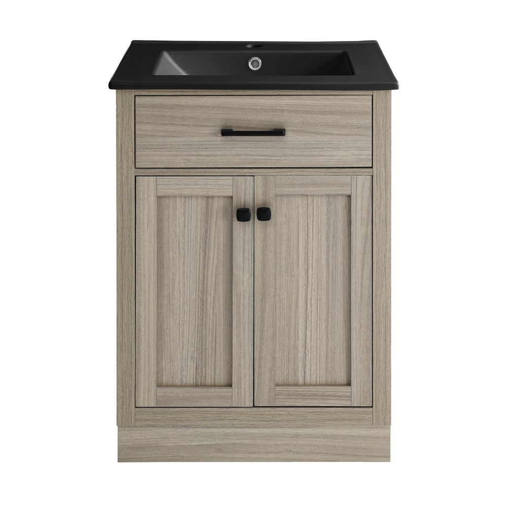Burdon 24 in. Brown Oak Bathroom Vanity With Black Ceramic Sink Top