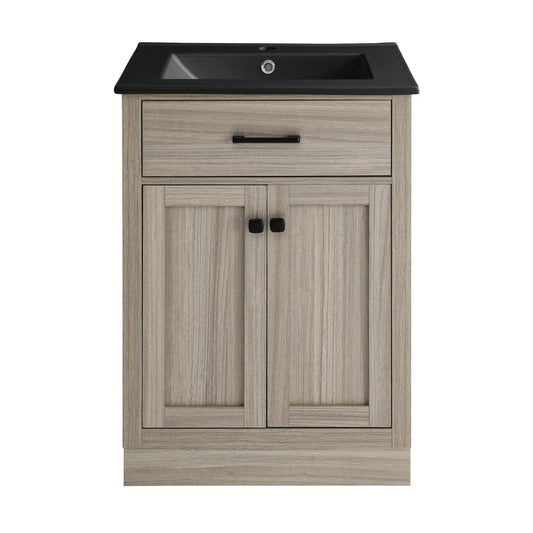 Burdon 24 in. Brown Oak Bathroom Vanity With Black Ceramic Sink Top
