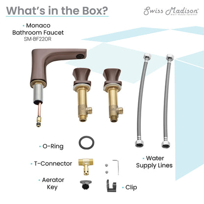 Monaco 8 in. widespread bathroom faucet in oil rubbed bronze with 2 handles and water supply lines.